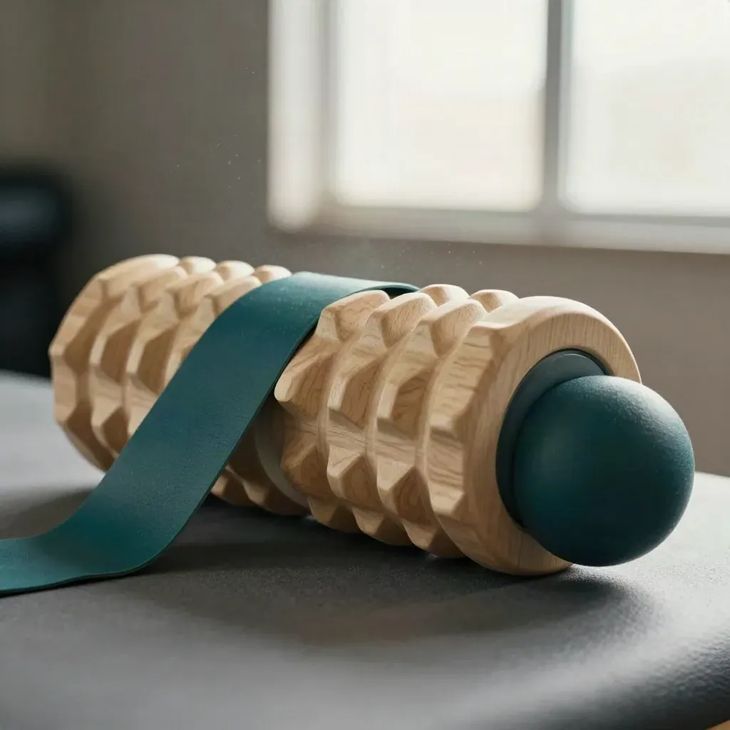 Foam roller, resistance band, and massage ball on pale wood in dramatic side-on close-up.