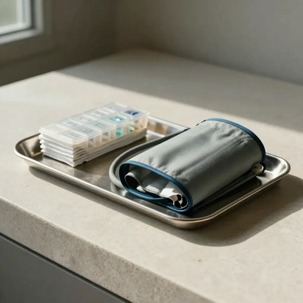 Blood-pressure cuff, tray, pill organizer, and gauze on pale stone in dramatic clinical light