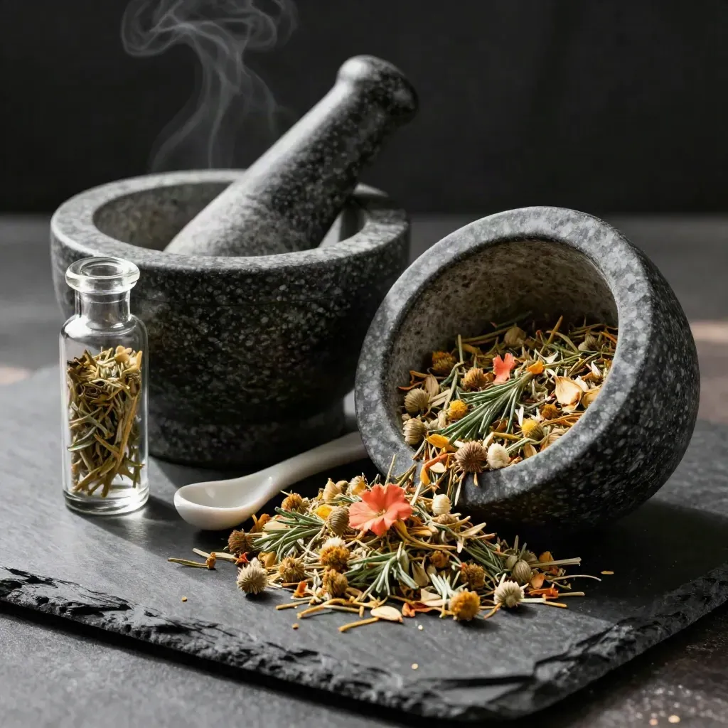 Stone mortar, herb vial, spoon and botanical bowl spilling on slate in moody daylight.