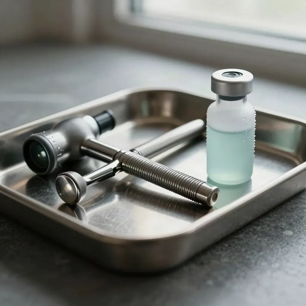 Otoscope, reflex hammer and frosted vial in a brushed-metal tray with soft rim light.