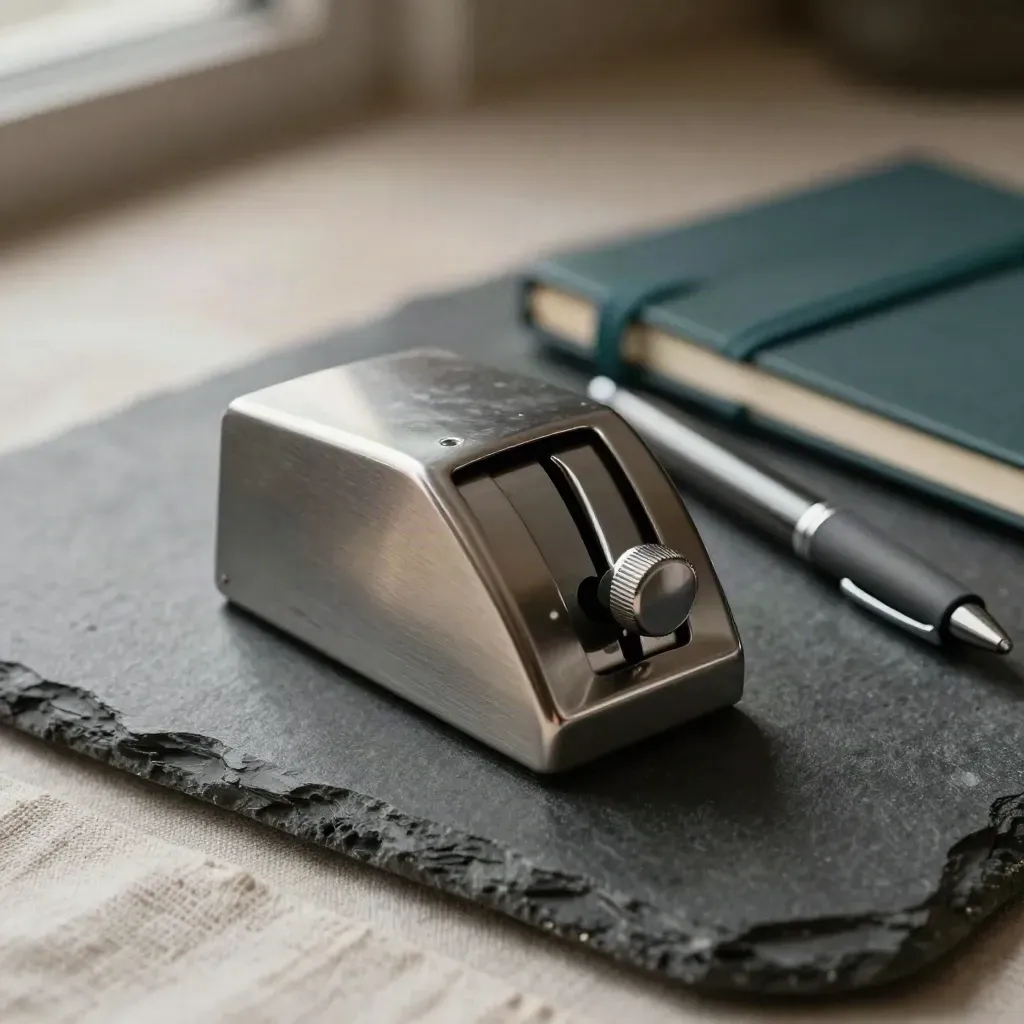 Macro still life of a steel tally counter, closed habit notebook and graphite pen on dark stone.