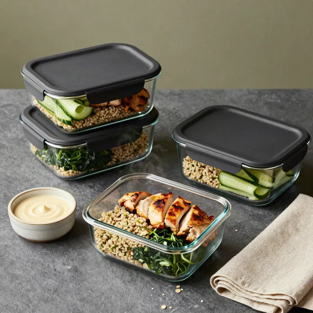 Glass meal-prep containers with ready portions, ramekin dressing, and linen napkin on stone.
