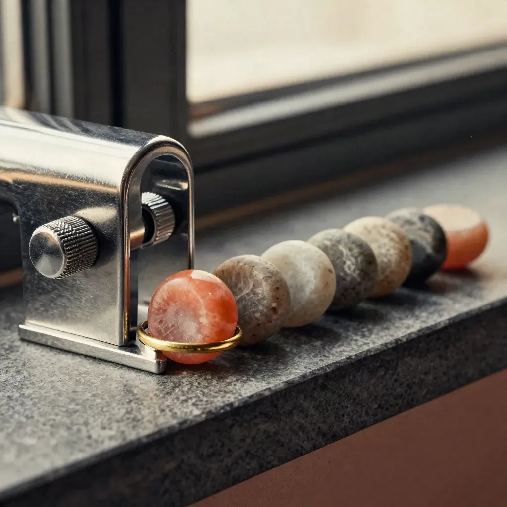 Stainless tally counter with stone tokens and brass ring on graphite stone in raking light