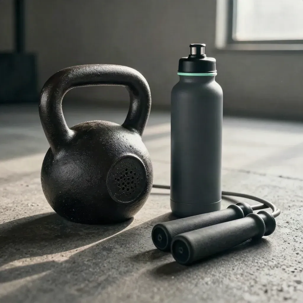 Low-angle still life of gym gear on brushed concrete with mint accent and dramatic light.