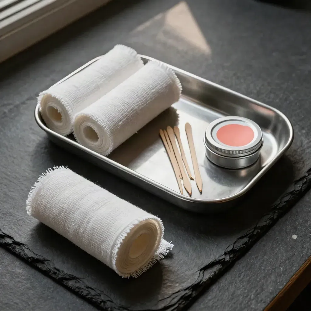 Top-down medical still life with tray, gauze, tongue depressors and ointment tin on slate.