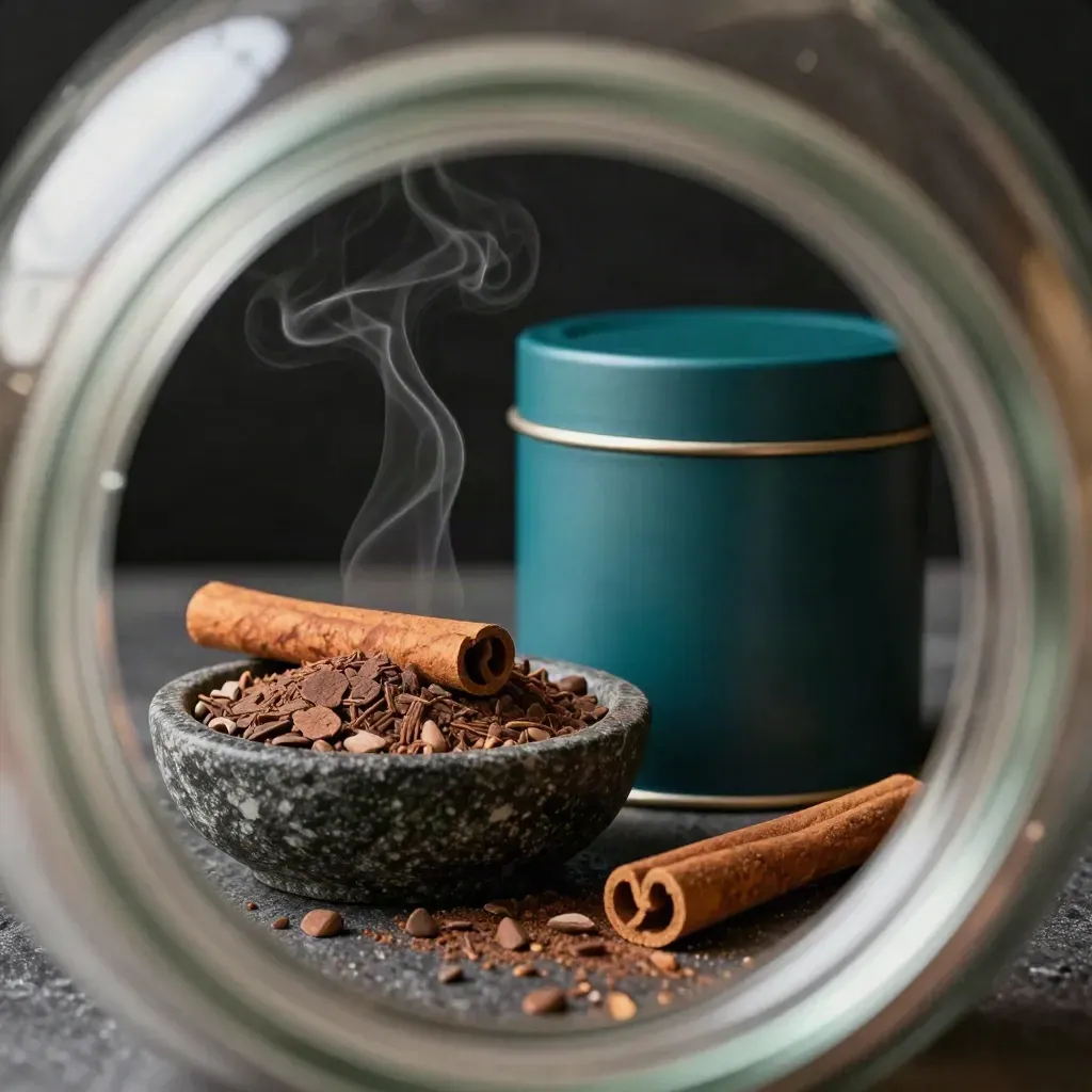 Glass jar rim frames cacao nibs, cinnamon sticks, and a teal tea tin on a dark pantry shelf.