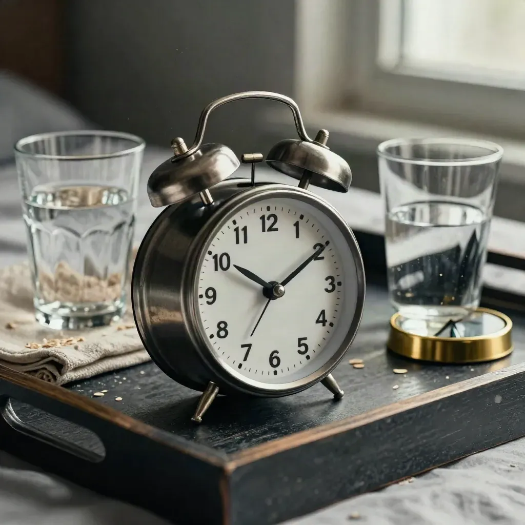 Alarm clock, brass timer and water glass on a bedside tray in soft window light.