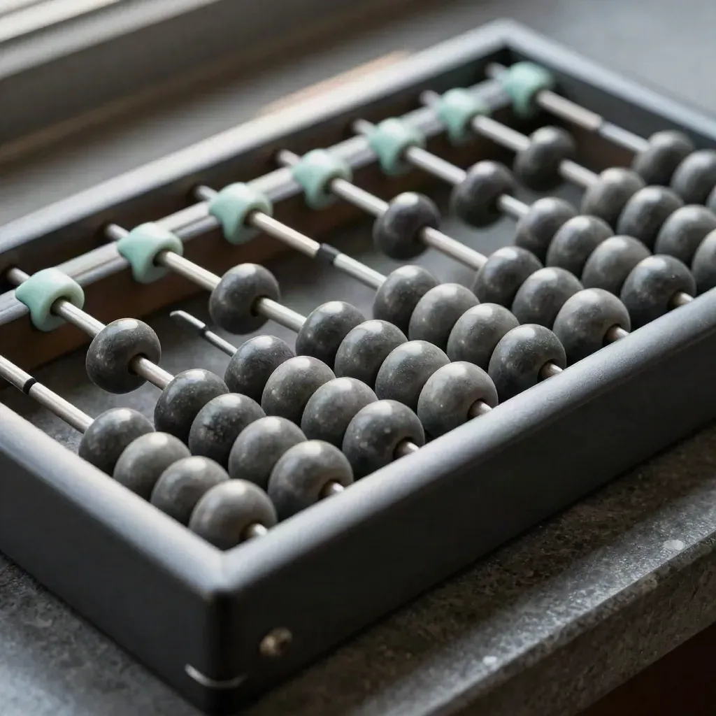 Macro of a graphite abacus with clear mint-tinted markers climbing diagonally on stone.
