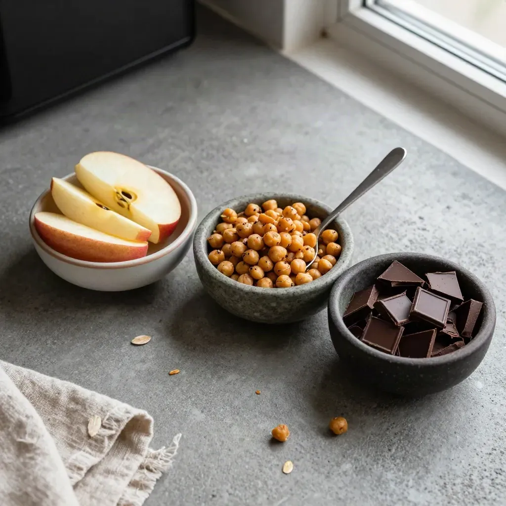 Three snack bowls with apple slices, roasted chickpeas, and dark chocolate on concrete.