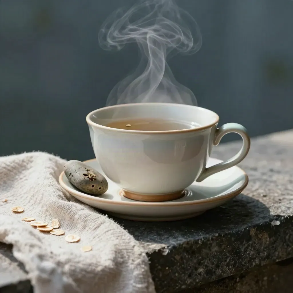 Herbal tea steeping in a ceramic cup with a worry stone and linen on dark stone, steam rising