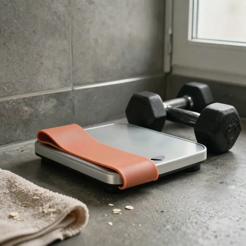 Edge-on bathroom scale, coral resistance band, and two dumbbells on cool tile