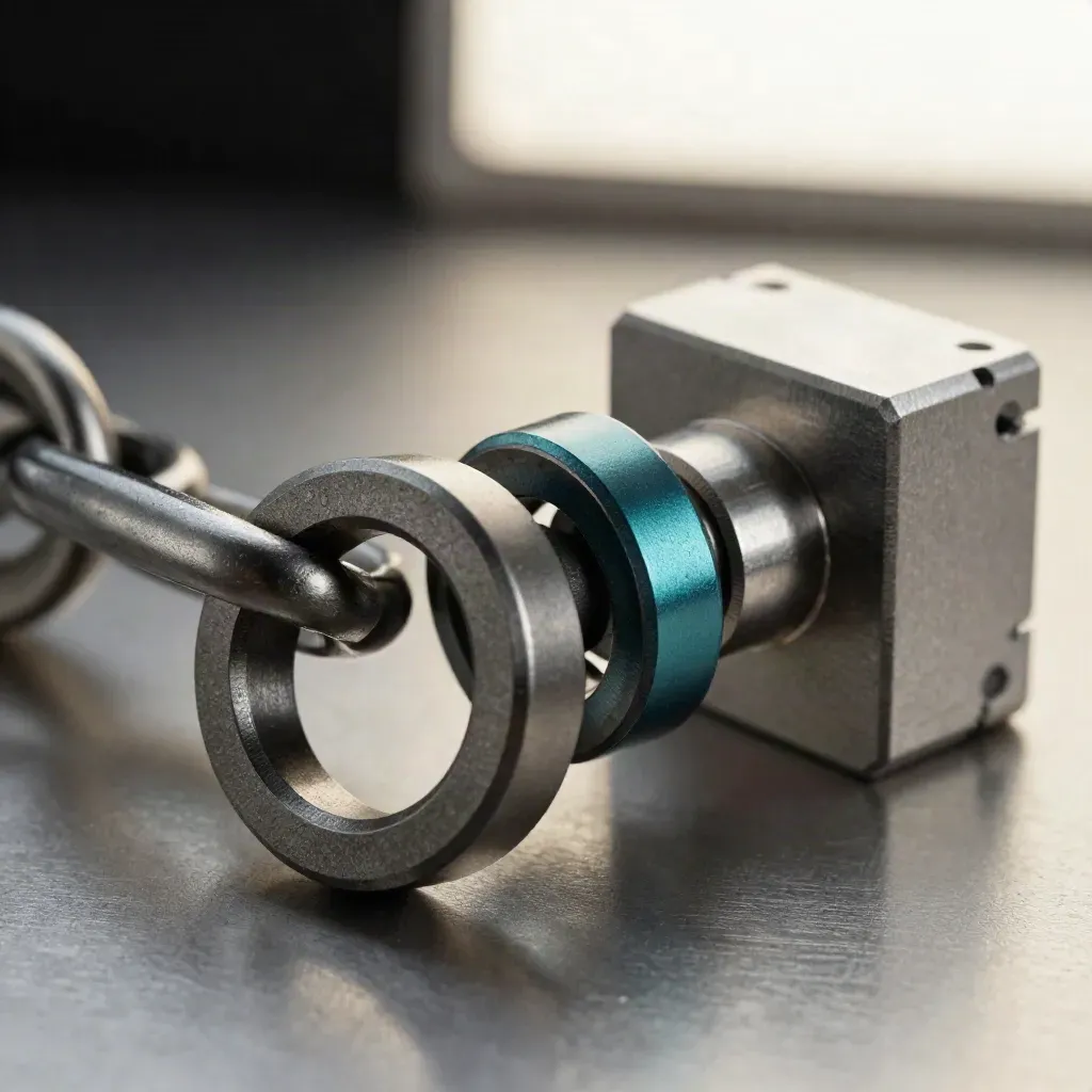 Machined rings, modular block and connector on brushed aluminum with deep teal accent