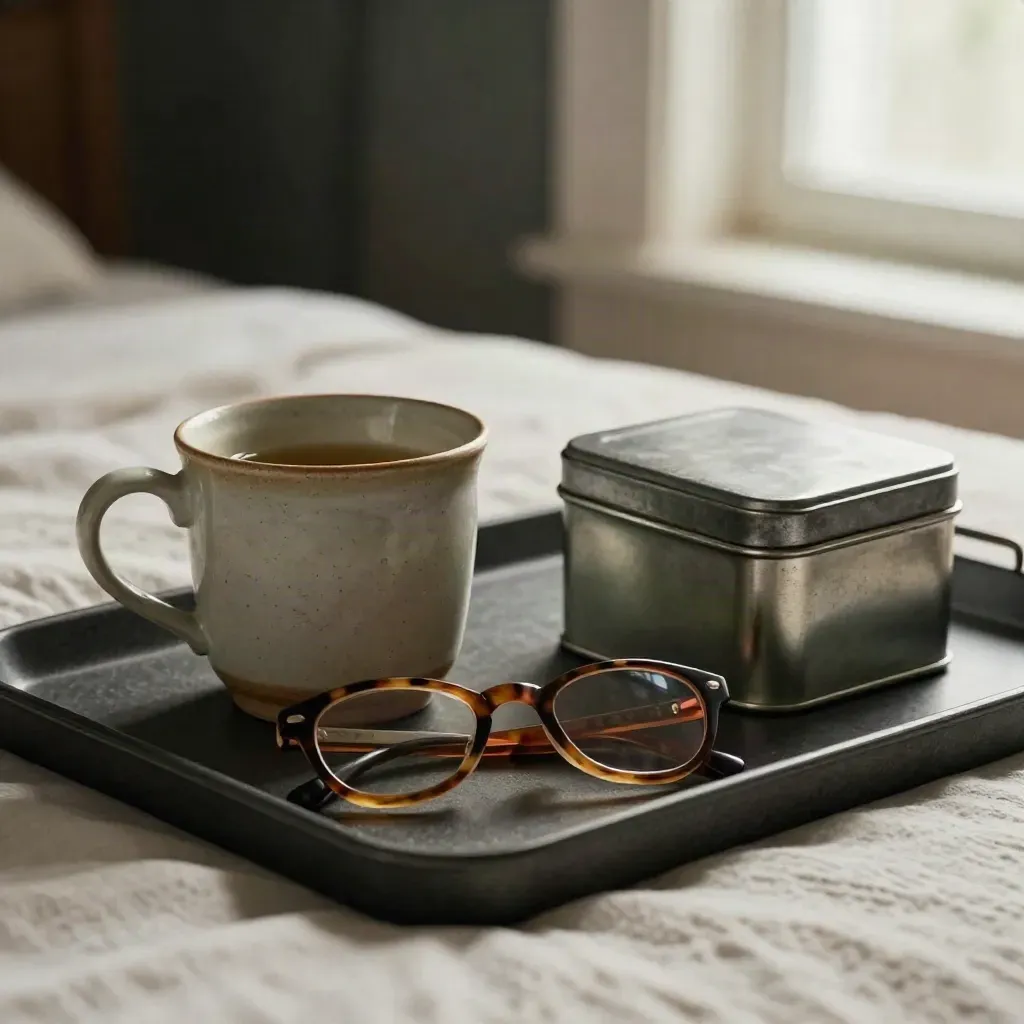 Mug, snack tin, and reading glasses on a dark tray beside a bed