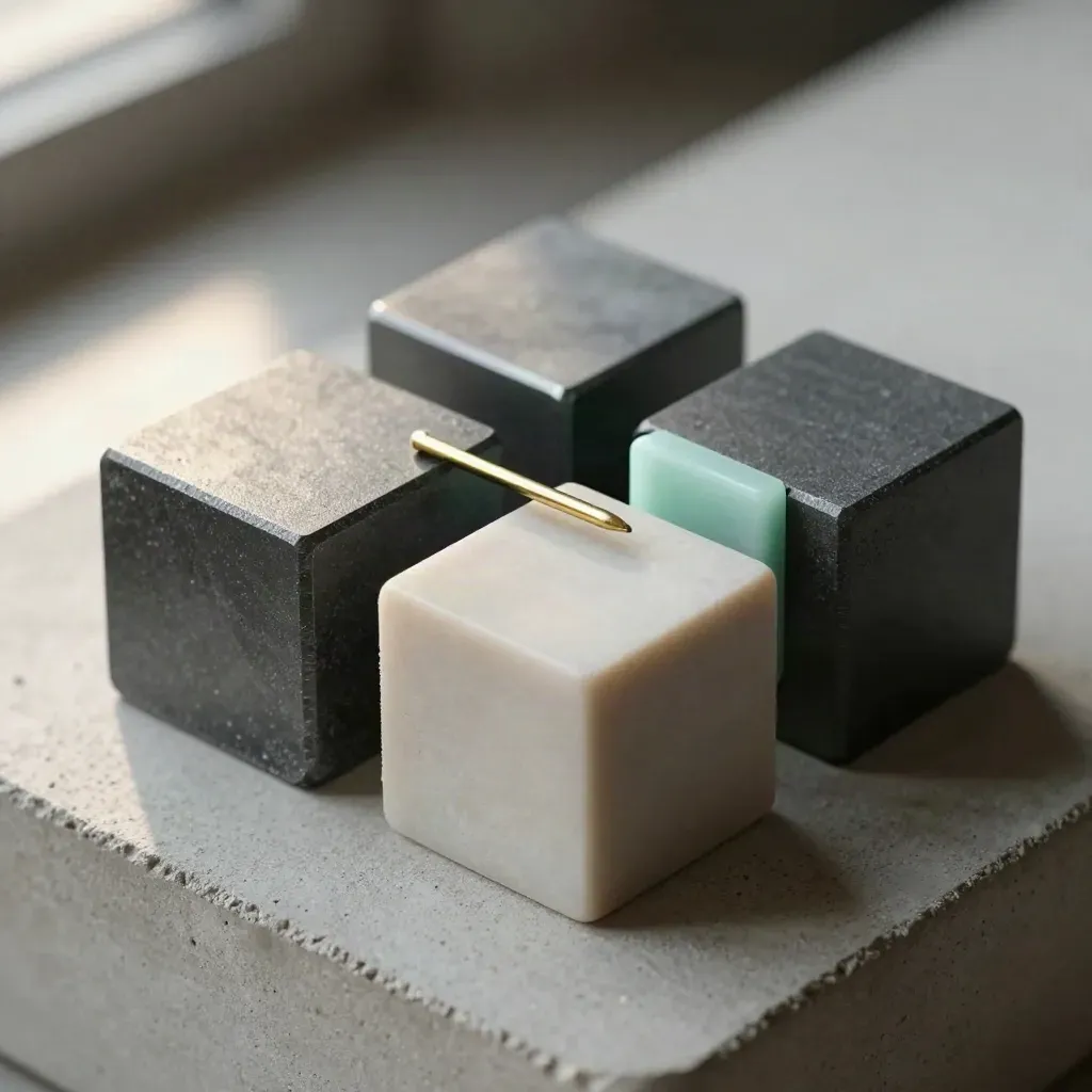 Graphite cubes, brass pin, and stone tile in a premium macro still life.
