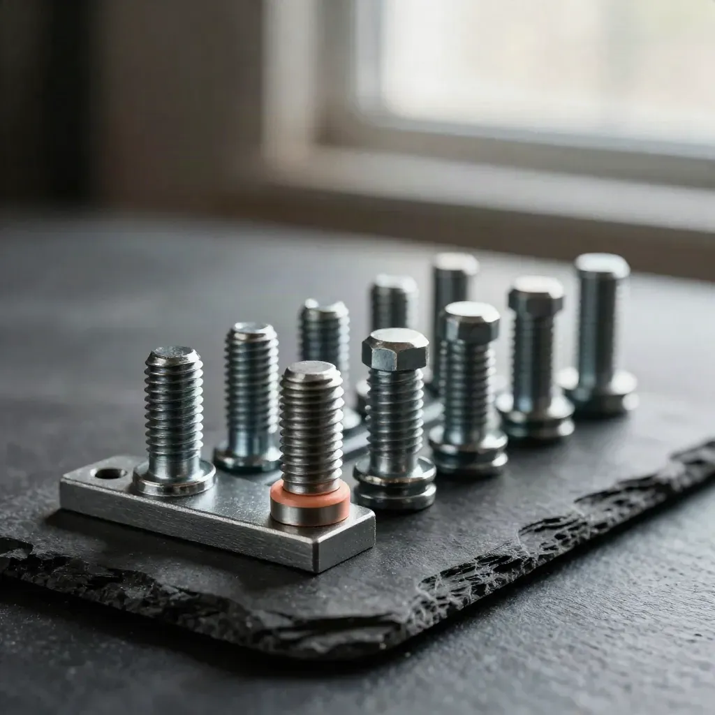 Machined brackets and fasteners aligning on dark slate with a coral accent