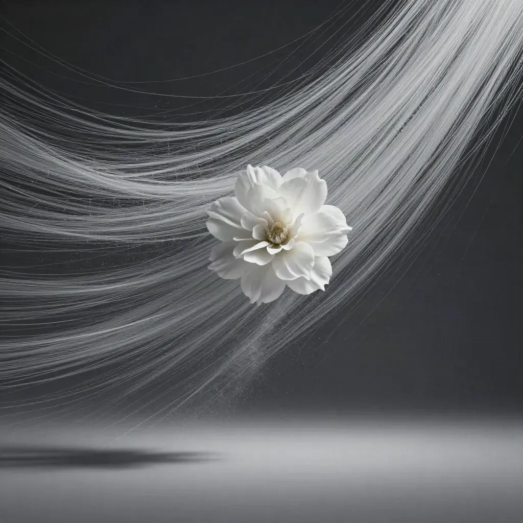 Silver light filaments converge in a dark graphite void with a soft off-center bloom.