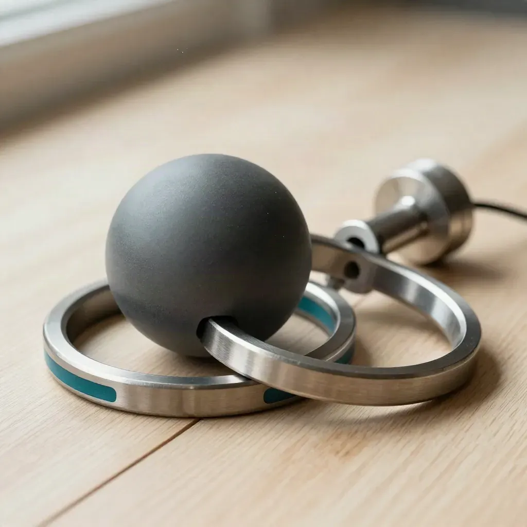 Precision rings, matte sphere and metal mount on pale wood under soft window light.